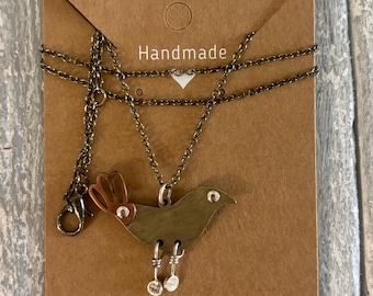 Necklace Mixed Metal Bird Pendant with Brass Copper and Silver Accents  15in Gift