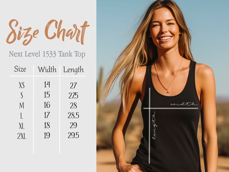 K&ouml;nnte beinhalten: Gr&ouml;&szlig;entabelle f&uuml;r ein Tanktop, die die Ma&szlig;e in Zoll f&uuml;r Breite und L&auml;nge angibt. Die Gr&ouml;&szlig;en umfassen XS, S, M, L, XL und 2XL.