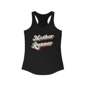 Retro style type treatment that says Mother Runner on the center front in rainbow stacked letters.