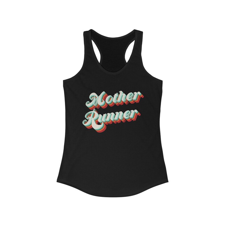 Retro style type treatment that says Mother Runner on the center front in rainbow stacked letters.
