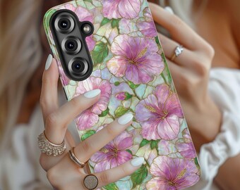 Hibiscus Flower Phone Case Tropical Flower Faux Stained Glass Summer Vacation Cover for Galaxy S 25 24 23 22 Pixel 9 8 7 iPhone 16 15 14 13