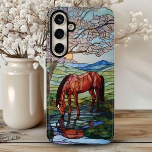 Spring Horse Faux Stained Glass Phone Case Floral Thoroughbred Case Horse Lovers Gift for Galaxy S 24 23 22 Pixel 9 8 7 6 iPhone 16 15 14 13