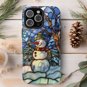 Snowman Phone Case Christmas Faux Stained Glass Phone Case Winter Wonderland Cover for iPhone 16 15 14 13 12 Galaxy S 24 23 22 Pixel 8 7 6 5