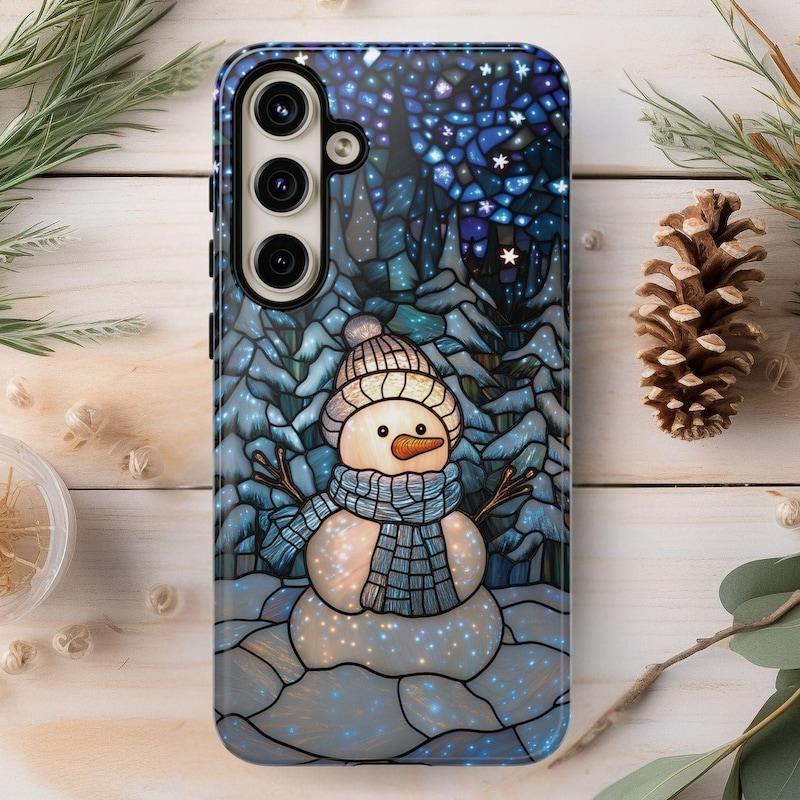 🎄Free Personalization🎄Snowman Phone Case Christmas Faux Stained Glass Mosaic Cover Winter Wonderland Case for Galaxy S 24 23 22 Pixel 8 7 6 5 iPhone 16 15 14 13