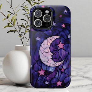 Mystical Moon and Stars MagSafe Compatible Phone Case Faux Stained Glass Celestial Space Stars Lovers Christmas Gift for iPhone 16 15 14 13