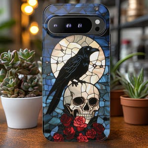 Celestial Raven Faux Stained Glass Phone Case, Gothic Skull Crow Rose Art Cover for iPhone Samsung Galaxy Pixel Dark Fantasy Phone Accessory