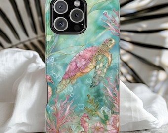 Sea Turtle MagSafe Phone Case Coastal Faux Stained Glass Ocean Summer Cover for iPhone 16 15 14 13 Coral Seahorse Beach Lovers Gift Ideas