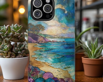 Beach MagSafe Compatible Phone Case Summer Faux Stained Glass Cover Coastal Vacation Case Nautical Sea Ocean Case for iPhone 16 15 14 13