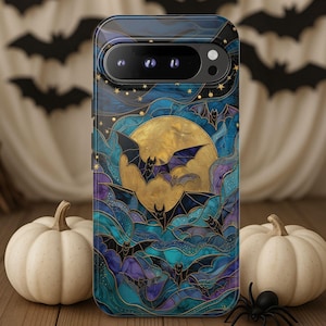 Celestial Bats Faux Stained Glass Halloween Phone Case, Gothic Witchy Cover, Dark Aesthetic Spooky Bat Moon & Stars for iPhone Galaxy Pixel