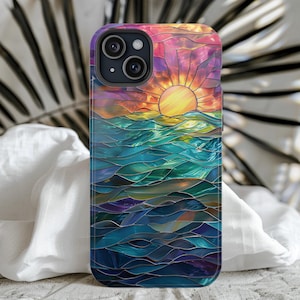 Ocean Sunset Phone Case MagSafe Compatible Tropical Faux Stained Glass Beach Phone Case Nautical Sunrise Lovers Gift for iPhone 15 14 13