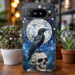 Gothic Raven Skull Phone Case Stained Glass Art iPhone Samsung Pixel Cover, Celestial Dark Academia Crow Moon Stars Aesthetic Witchy Gift