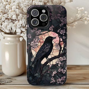 Midnight Raven MagSafe Compatible Phone Case Celestial Faux Stained Glass Dark Academia Moody Cover Gothic Crow Case for iPhone 16 15 14 13