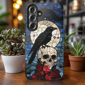 Celestial Raven Faux Stained Glass Phone Case, Gothic Skull Crow Rose Art Cover for iPhone Samsung Galaxy Pixel Dark Fantasy Phone Accessory