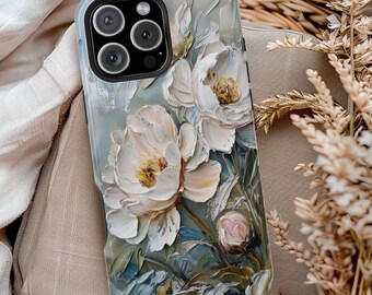Coque de téléphone compatible MagSafe blanche pivoine, jardin fleuri, coque de téléphone imitation peinture, coque de téléphone florale, cadeau pour les amateurs de pivoines, cadeau pour iPhone 16 15 14 13