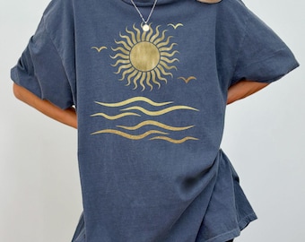 Celestial Summer Shirt, Sunshine Comfort Colors T-shirt, Coastal Waves T Shirt Beach Vacation Tee Golden Dawn Sun Top Boho Seaside Clothing