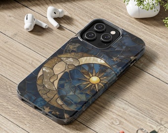 Moon and Stars Phone Case Faux Stained-Glass Celestial Starry Night Cover Space Lovers Gift Astrology Grunge for iPhone 7 8 11 12 13 14 15