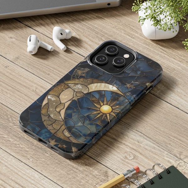 Moon and Stars Phone Case Faux Stained-Glass Celestial Starry Night Cover Space Lovers Gift Astrology Grunge for iPhone 7 8 11 12 13 14 15