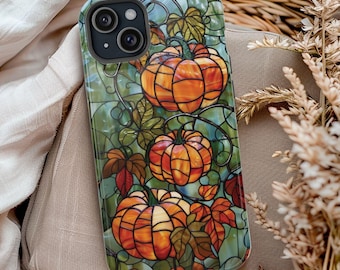 Pumpkins Fall Phone Case MagSafe Compatible Faux Stained Glass Autumn Leaves Phone Case Pumpkin Fall Lovers Gift for iPhone 16 15 14 13