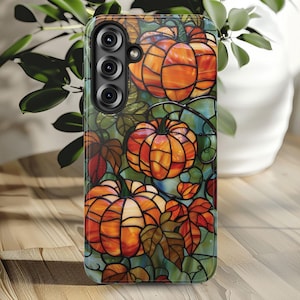 Pumpkin Phone Case, Halloween Pumpkin Patch Fall Leaves Cover, Autumn Stained Glass Thanksgiving Case for iPhone Samsung Galaxy Pixel