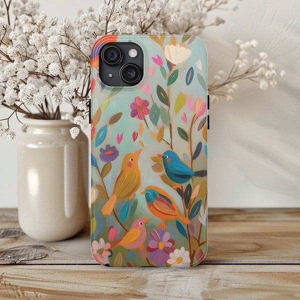 Whimsical Birds Phone Case Flowers on stems Cover Cottagecore Bird Flower Lovers Gift for Birdwatchers iPhone 15 14 13 12 11 8 7 Christmas