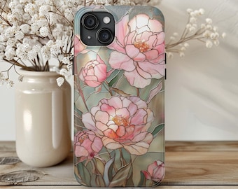 Flower Phone Case Faux Stained Glass, Soft Pink Peony Cover, Spring Floral Peonies Case iPhone 15 14 13 12 11 8 7 Plus Pro Max Mini X XS XR