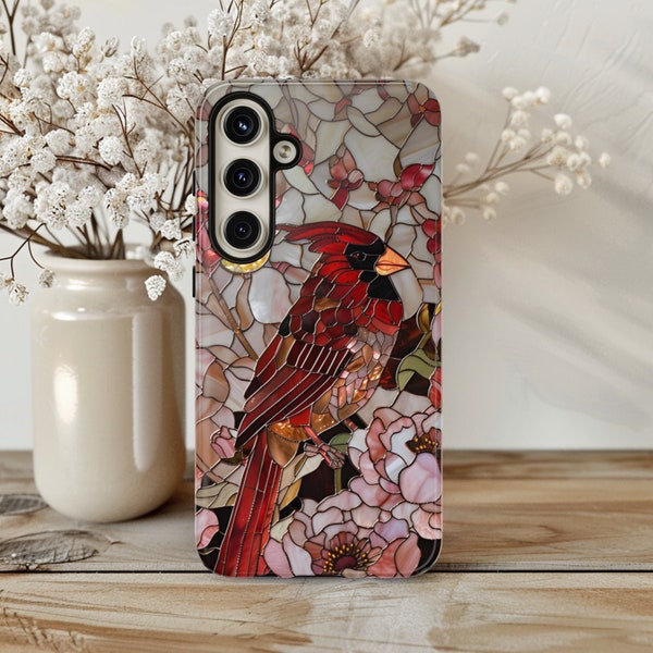 Cardinal Phone Case Floral Bird Cover Faux Stained Glass Birdwatcher Gift for Galaxy S 24 23 22 21 20 10 iPhone 15 14 13 12 11 8 7 Christmas