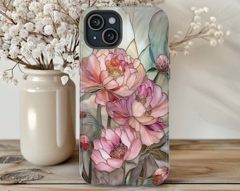 Flower Phone Case Faux Stained Glass, Spring Floral Phone Cover MagSafe Compatible Tough Case Matte Glossy iPhone 15 14 13 Plus Pro Max Mini