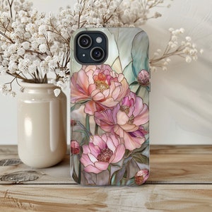 Flower Phone Case Faux Stained Glass, Spring Floral Phone Cover MagSafe Compatible Tough Case Matte Glossy iPhone 15 14 13 Plus Pro Max Mini
