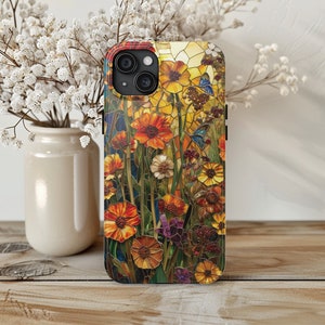 Wildflowers Faux Stained Glass Phone Case, Flowers Pollinator Garden Cover Cottagecore, iPhone 7 8 X 11 12 13 14 15 Plus Pro Max Mini XS XR