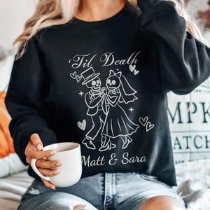 Custom Skeleton Matching Couple Sweatshirt Personalized Bride & Groom Spooky Halloween Sweater, Til Death Crewneck, Gothic Fall Wedding Gift