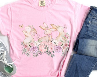 Coquette Bunny Shirt Pink Floral T-Shirt Girly Flowers and Bows T Shirt Comfort Colors Flower Lover Gift Easter Mothers Day Birthday Present