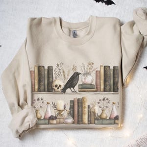 Dark Academia Bookshelf Sweatshirt Halloween Crewneck, Witchy Fall Raven Sweater, Vintage Gothic Book Lover Gift, Cottage Witch Clothing