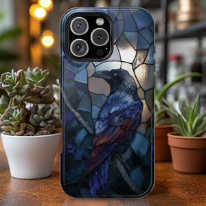 Raven Faux Stained Glass MagSafe Phone Case, Gothic Dark Aesthetic Cover, Moody Raven Art Cottage Goth Dark Academia Case iPhone 16 15 14 13