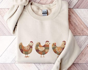 Patchwork Chicken Sweatshirt, Floral Quilted Hen Sweater, Cottagecore Farmhouse Animal Pullover, Country Chicken Crewneck, Chicken Tender