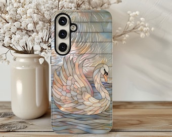 Swan Phone Case Faux Stained Glass Elegant Swan Phone Cover Bird Lovers Gift for iPhone 7 8 11 12 13 14 15 Galaxy S24 23 22 21 20 10 Pixel