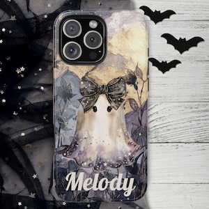 Gothic Coquette Ghost Phone Case Custom Name Halloween Cover Spooky Celestial Floral Art Personal Witchy Fall Case for iPhone Galaxy Pixel