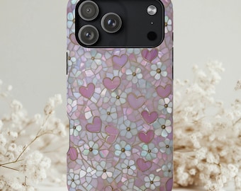 Valentine Floral Phone Case, Heart Faux Stained Glass Cover, Romantic Pink Flower Phone Case for iPhone 17 16 15 14 13