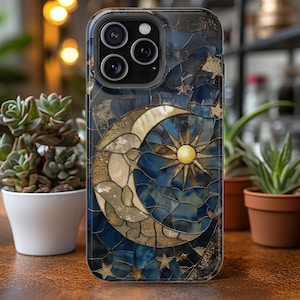 Maan en sterren telefoonhoes, celestial telefoonhoes Magsafe compatibel sterrenhemel ruimte minnaar cadeau voor iPhone 15 14 13 nep gebrandschilderd glas