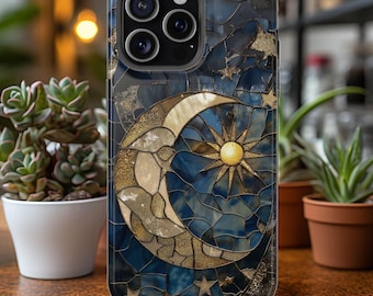 Moon and Stars Phone Case, Celestial Phone Cover Magsafe Compatible Starry Night Sky Space Lover Gift for iPhone 15 14 13 Faux Stained Glass