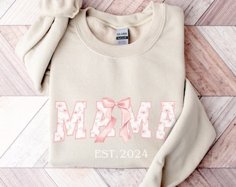 Coquette Mama Sweatshirt Custom Pink Bow Mom Crewneck Personalized Girly Ribbons Momma Sweater Gift for Her Mother's Day Christmas Birthday