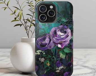 Purple Roses MagSafe Compatible Phone Case Faux Stained Glass Floral Phone Case Flower Lovers Gift for iPhone 13 14 15 Christmas Birthday