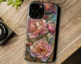 Pink Peony Phone Case Faux Stained Glass, MagSafe Compatible Flowers Phone Cover, Flower Lovers Gift Christmas Birthday iPhone 13 14 15