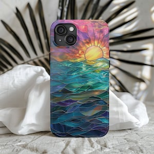 Ocean Sunset Phone Case Faux Stained Glass Beach Phone Case Nautical Sunrise Lovers Gift for iPhone 15 14 13 12 11 8 7 Galaxy S 24 23 22 21 image 1
