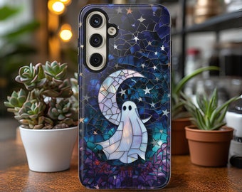 Celestial Ghost Phone Case Faux Stained Glass Moon and Stars Space Phone Case for Galaxy S 24 23 22 21 20 Pixel 5 6 7 8 iPhone 15 14 13 12