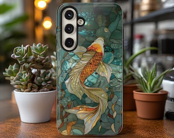 Koi Fish Phone Case Japanese Phone Cover Faux Stained Glass Koi Pond Cover for Galaxy S 24 23 22 21 20 10 Pixel 5 6 7 8 iPhone 15 14 13 12