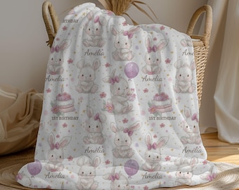 Personalized Birthday Bunny Blanket, Custom Name Baby Girl's 1st Birthday Keepsake Gift, Cute Rabbit Pink Bow Birthday Cake Birthday Gift