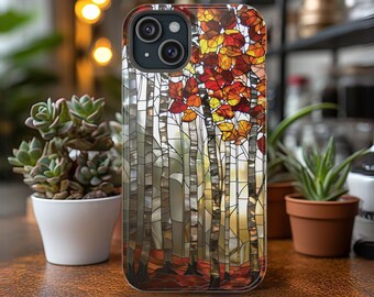 Birch Forest Fall Phone Case MagSafe Compatible Faux Stained Glass Birch Trees Cover Nature Lovers Gift for iPhone 15 14 13 Woodlands Autumn