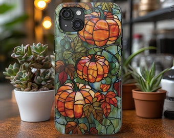 Pumpkin Phone Case Fall Foliage Faux Stained Glass Cover Thanksgiving Case Autumn Lovers Gift for iPhone 15 14 13 12 11 8 7 Galaxy 24 23 22