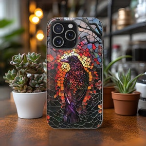 Crow Phone Case MagSafe Compatible Black Bird Cover Faux Stained Glass Mystical Gift for iPhone 13 14 15 Esoteric Halloween Christmas