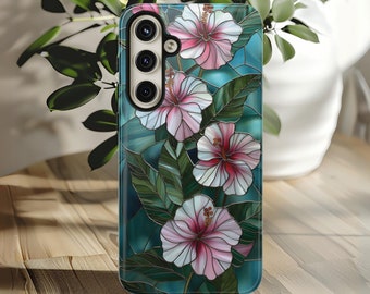 Floral Hibiscus Phone Case Tropical Faux Stained Glass Cover Flower Lover Gift for Galaxy S 24 23 22 21 20 iPhone 15 14 13 12 11 8 7 Pixel